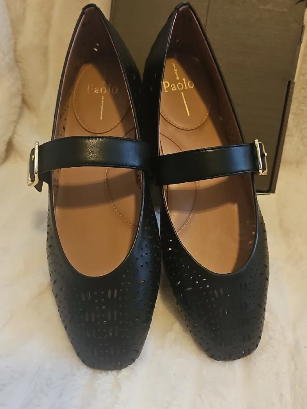 Paolo Black Perforated Mary Jane Flats In Nappa Leather with Gold Buckle